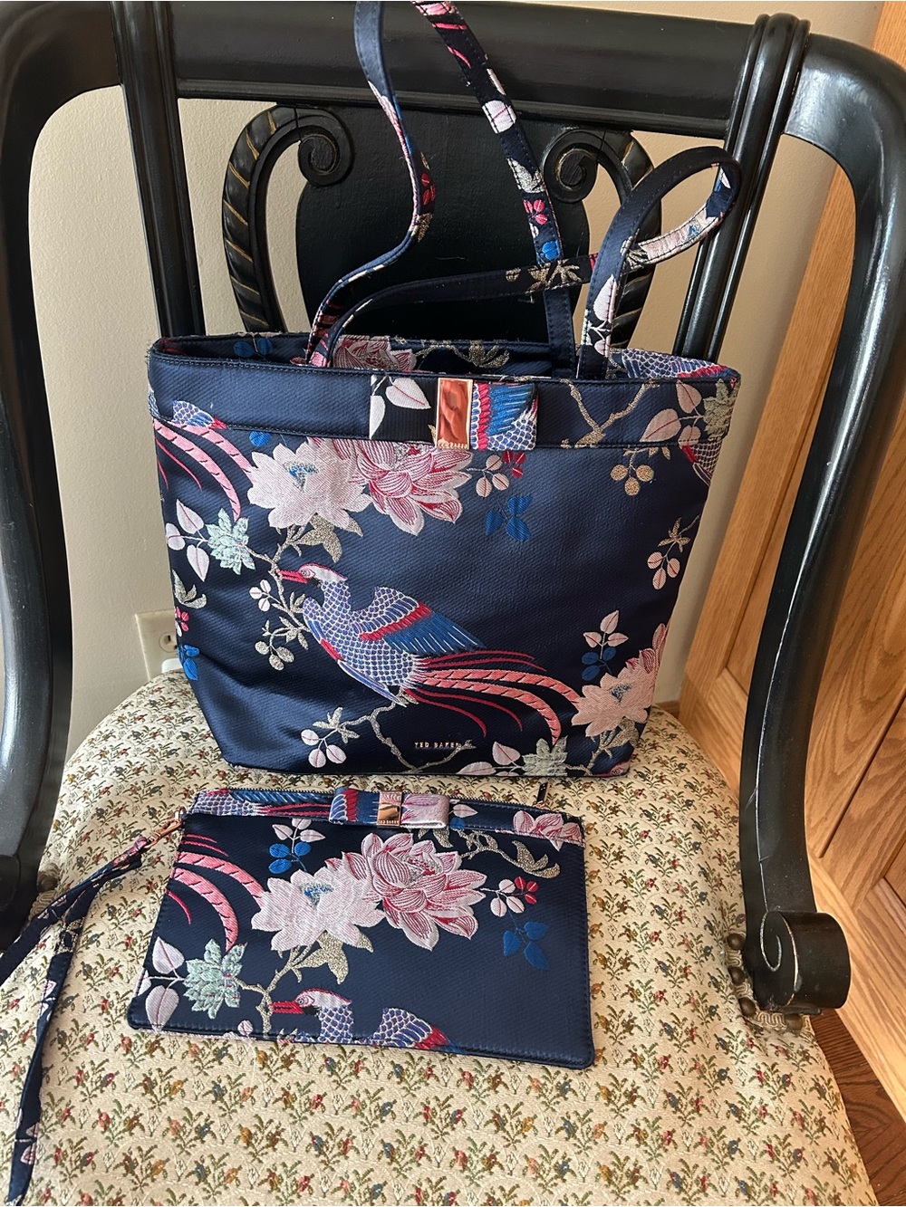 Ted Baker Navy Floral & Bird Tote with Matching Wristlet